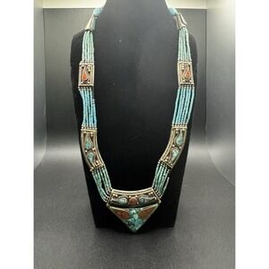 Vintage Nepali Tibetan Turquoise Red Coral Necklace 18" Statement Bib Jewelry